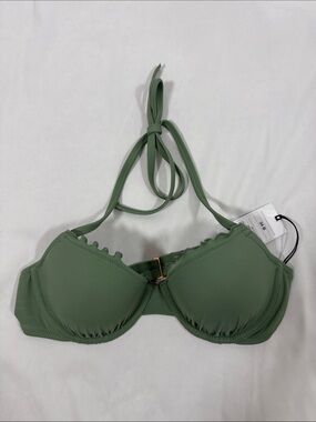 Shade & Shore Olive Halter Bikini Top with Scalloped Edge